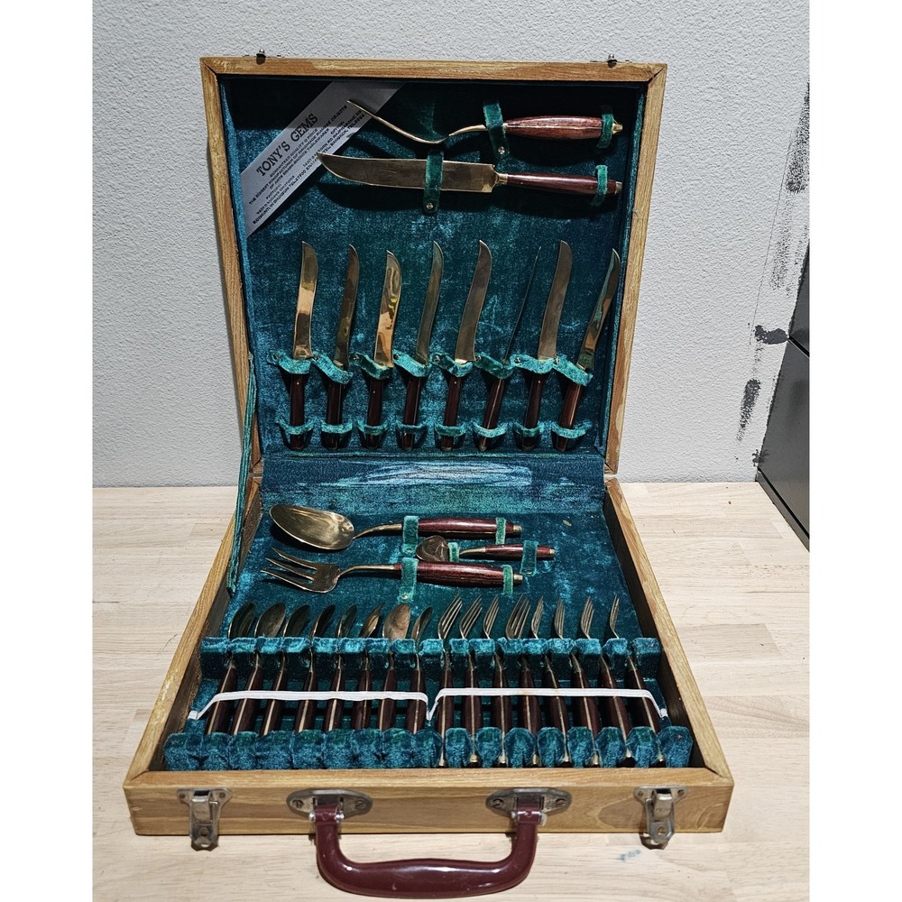 Vintage Brass Rosewood Flatware Set 29pc In Cherry Case Serving For 8